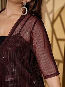 SHEIN Clasi Plus Size Black Mesh Sequin Cardigan Jacket, Thin Outerwear For Party, 3/4 Sleeve Shiny Cardigan Jacket For Party Outfit - Burgundy - View 6