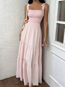 Sweetra 女士新款春夏连衣裙，适合度假、郊游、聚会、野餐等场合，纯色粉色花卉图案吊带蝴蝶结装饰休闲度假连衣裙 - 粉色 - 查看 8