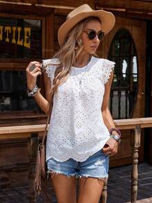 Vacation Casual Solid Color Hollow Embroidery Cap Sleeve Blouse - White - View 3