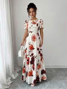 Modelyn Vestido acampanado con estampado floral, cuello redondo y mangas de mariposa, primavera/verano - Multicolor - Ver 5