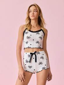 Bonmuse Cartoon Bow & Heart Print V-Back Contrast Lace Slim Fit Women Pajama Set - Baby Pink - View 4