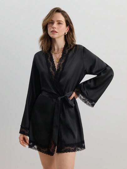 SHEIN Lace Trim Belted Satin Robe Luxeloungewear, Fall, Winter