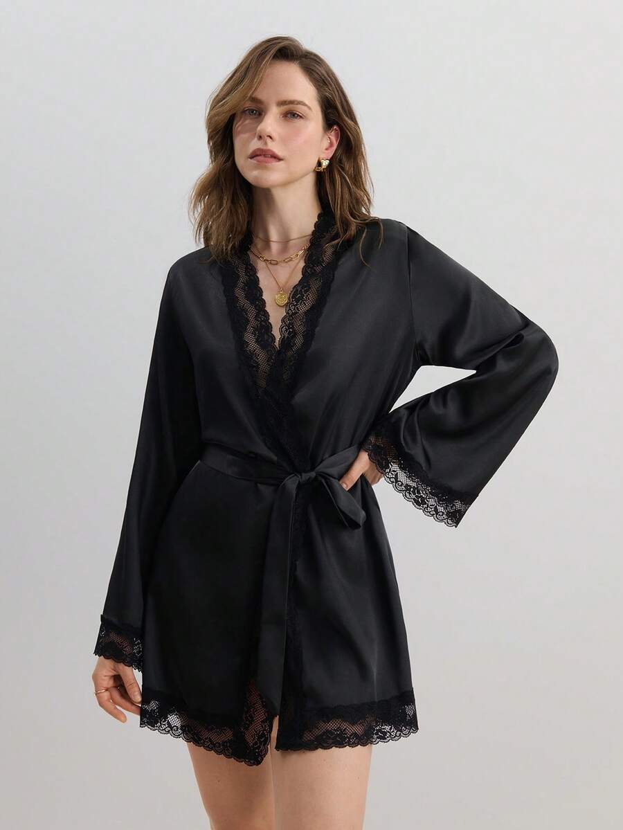 Áo choàng satin thắt lưng viền ren Luxeloungewear, Thu, Đông - màu đen - Xem 1