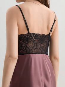 Hourtrue Color Block Lace Patchwork Cami Sleep Dress Pajama Dress Luxeloungewearfor Summer - Rust Brown - View 8