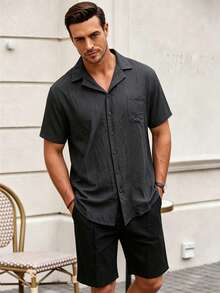 Conjunto de Camisa de Lino de manga Cortapara hombre - Negro - Ver 6