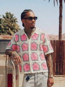 AXEPEAK 男士撞色印花短袖纽扣前开襟休闲针织上衣 - 彩色 - 查看 6