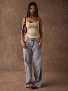 SHEIN BAE Áo hai dây nữ dáng ôm, viền tương phản màu vàng kẻ sọc, thích hợp cho các dịp thường ngày, đi nghỉ mát, dã ngoại, áo mùa hè, áo sơ mi kẻ sọc. - Màu vàng - Xem 6