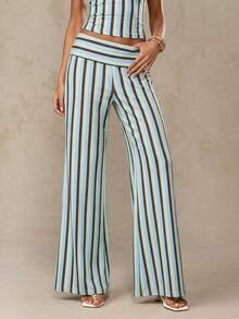 SHEIN BAE Pantalon évasé décontracté rayé pour femmes, polyvalent, convenant pour la plage, les sorties, les vacances d'été et diverses occasions. Pantalon large rayé coloré, pantalon ample d'été, pantalon décontracté, vêtement décontracté pour femmes, pantalon long jaune - Bleu azur - Voir 6