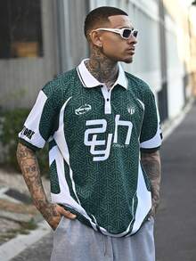Devon Thys Manfinity Streetrush Men's Colorblock Letter Print Short Sleeve Polo Shirt, Summer Sport Jersey 97 Jersey Number Jersey Custom Jersey 07 Jersey - Green - View 6