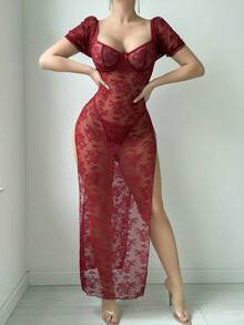 2件套女士蕾丝性感睡袍（带钢圈、丁字裤）适合外出 - 酒紅色 - 查看 6