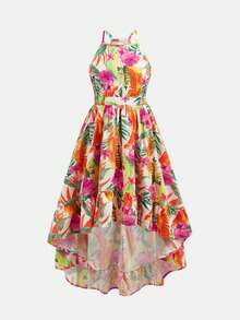SHEIN Tween Girls Cute Tropical Print Halter Backless Front Short Back Long Dress, Suitable For Summer & Vacation - Multicolor - View 2