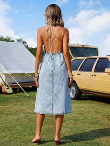 SHEIN Holidaya Vestido de mezclilla con cuello halter y espalda descubierta para mujer, ideal para el verano - Azul - Ver 7