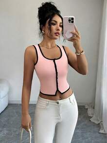 Selianne 女士黑白撞色装饰纽扣前开襟修身背心 - 彩色 - 查看 3