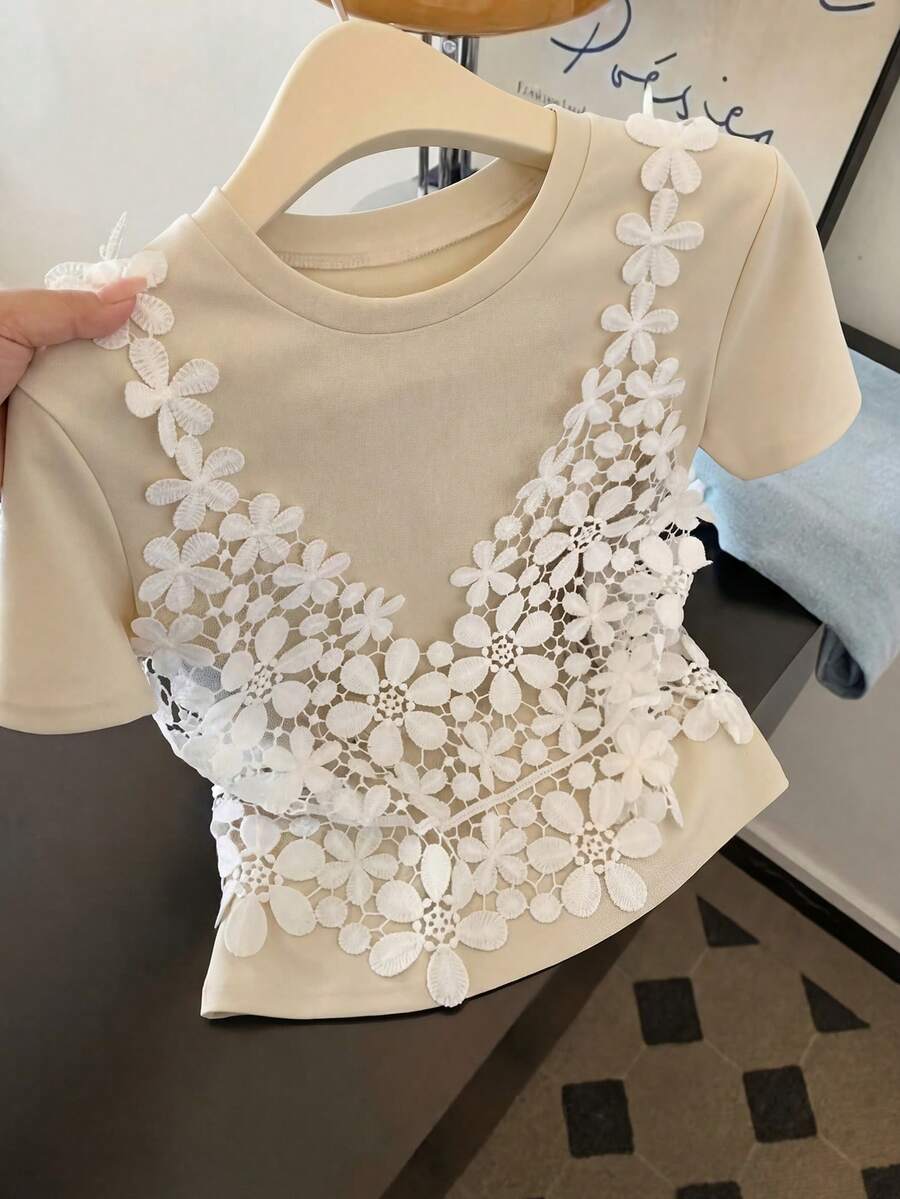INAWLY Women's Summer Casual Lace Decorated 2 In 1 T-Shirt - Apricot - View 1