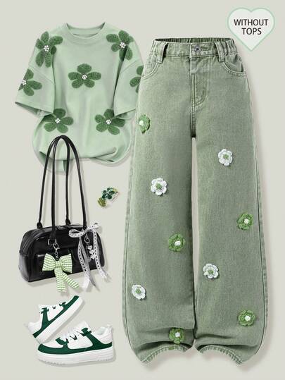 ChillGRL Pantalones vaqueros de pierna ancha para niña preadolescente, estética vintage desgastada, recomendación de estilo casual y dulce para vacaciones universitarias. Denim blanco clásico lavado a mano con detalles de ganchillo floral, dulce y juguetón. Cintura elástica + cierre frontal con botón para facilitar el uso.