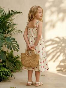 少女樱桃印花荷叶边吊带连衣裙 - 白色 - 查看 2