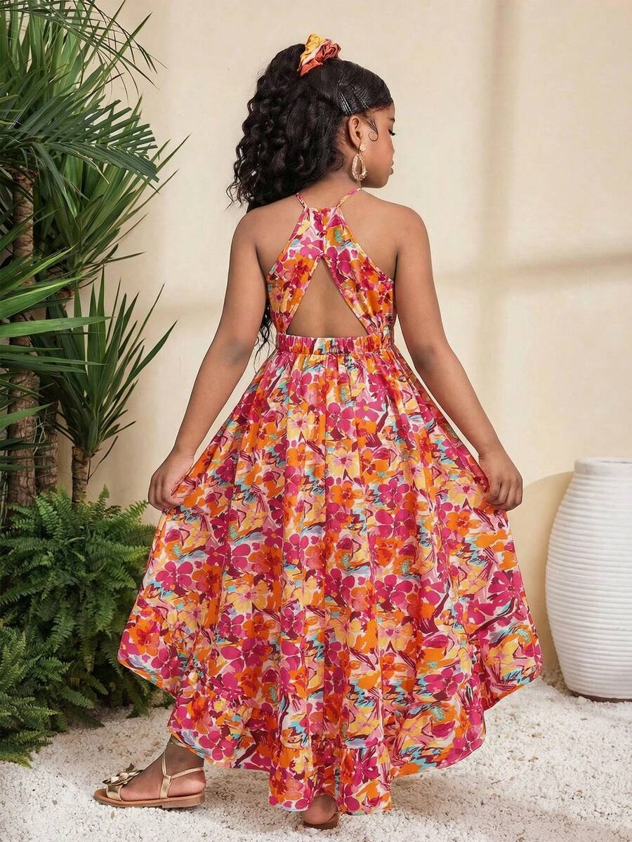 Tween Girls' Casual Vacation Tropical Floral Print Sleeveless Spaghetti Strap Backless Asymmetric Hem Ruched Dress - Orange - View 1
