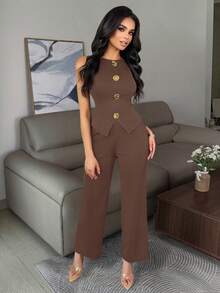 Vavine 优雅商务休闲女装套装，金属纽扣装饰，无袖弹力修身性感吊带背心和裤子黑色两件套，棕色女士最新款商务休闲女装套装，棕色粘胶纤维女士西装 - 棕色 - 查看 6