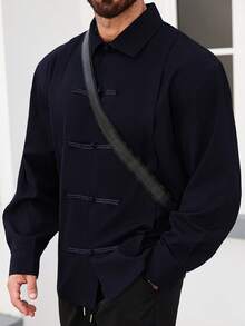 Manfinity Homme Plus Size Men's Solid Color Casual Versatile Daily Wear Long Sleeve Shirt, Formal - Navy Blue - View 6