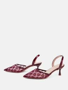 CUCCOO HITCHD 女士高跟鞋，春夏轻奢白色蕾丝鞋，透明网纱亮片刺绣尖头细高跟鞋，后跟松紧带设计，适合约会通勤、婚礼等场合，优雅百搭，气质女鞋 - 紅色 - 查看 3