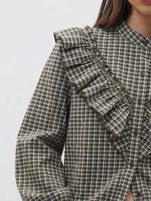Nöista Green Plaid Autumn Cottage Core Brunch Blouse With Ruffle Trim,Button-Front Design,Long-Sleeve,Relaxed Feminine Silhouette,Spring Casual Y2K Outfit - Army Green - View 6