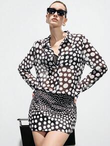 Aveloria Modichic Black & White Polka Dot Print Button-Front Sheer Blouse And Mini Skirt Set, Retro Elegant Chic Blouses For Women Work Business Casual Women Tops Designer Top Business Women Clothes Lightweight Sheer Mesh Fabric, Long-Sleeve With A Collar Design, Black Vintage Polka Dots With A Gradient Of Varying Sizes, Fashionable For Commuting, Coordinated Set Styling, Elegant Temperament, Suitable For Afternoon Tea And Shopping. - Black and White - View 6