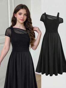 Đầm đen ôm dáng thanh lịch cho bé gái, phối lưới, hở vai, tay bồng, xếp ly, thích hợp dự tiệc, lễ Giáng sinh, phù dâu, dạ hội. - màu đen - Xem 8