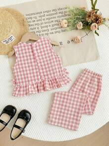 SHEIN LMoss Kids Bộ 2 món cho bé gái: áo cổ tròn kẻ sọc dệt kim và quần ống rộng thoải mái. - Nhiều màu - Xem 2