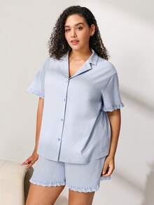 LUVLETTE Summer Plus Size Soft Cotton Ruffle Lace Trim Button-Up Short Blue Women Pajama Set Pants With Pockets - Blue - View 7