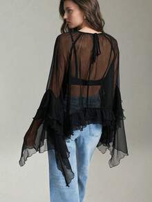 Ontre 2025新款黑色半透明宽松褶皱优雅雪纺圆领长袖荷叶边下摆上衣，百搭日常/海滩/度假装，波西米亚风格 - 黑色 - 查看 3