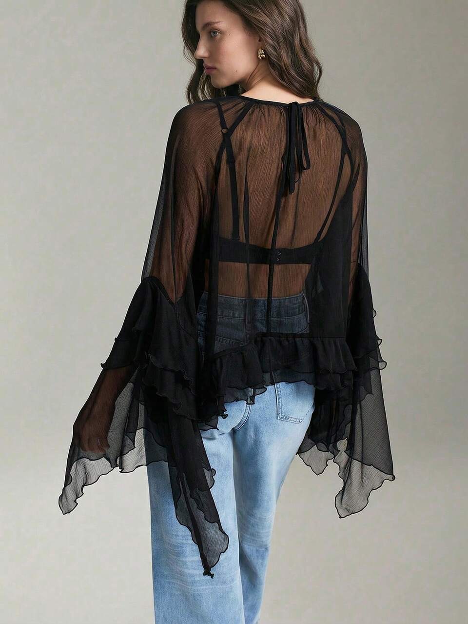 Women's Beach Holiday Country Style Music Festival Black Semi-Sheer Loose Fit Ruched Elegant Sexy Chiffon Round Neck Long Sleeve Ruffle Top Autumn
