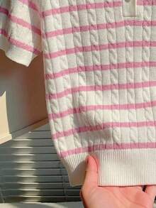 CovetEZ 小众品牌女士针织麻花条纹衫，流行马卡龙色系粉色条纹小熊刺绣Polo衫，短袖，超级可爱，适合春夏穿着 - 彩色 - 查看 4