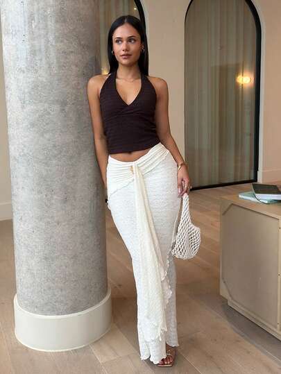 leahseptember All White Party Women Fall Modest Old Money Glitter Holiday Party Rave Festival Outing Swim Vacation Bohemian BOHO Sea Beach Hot Outdoor Richly Layered Wedding Season Banquet Coming Of Age Ceremony Beach Seaside Women's Extra Long Tiered Wavy Hem Metal Decor Low Waist Skirt