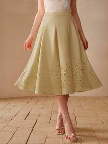 PREMIUM SPRING/SUMMER HOLLOW-OUT EMBROIDERED HIGH-END COMMUTER ELEGANT FLARE SKIRT FOR WOMEN - Khaki - View 1