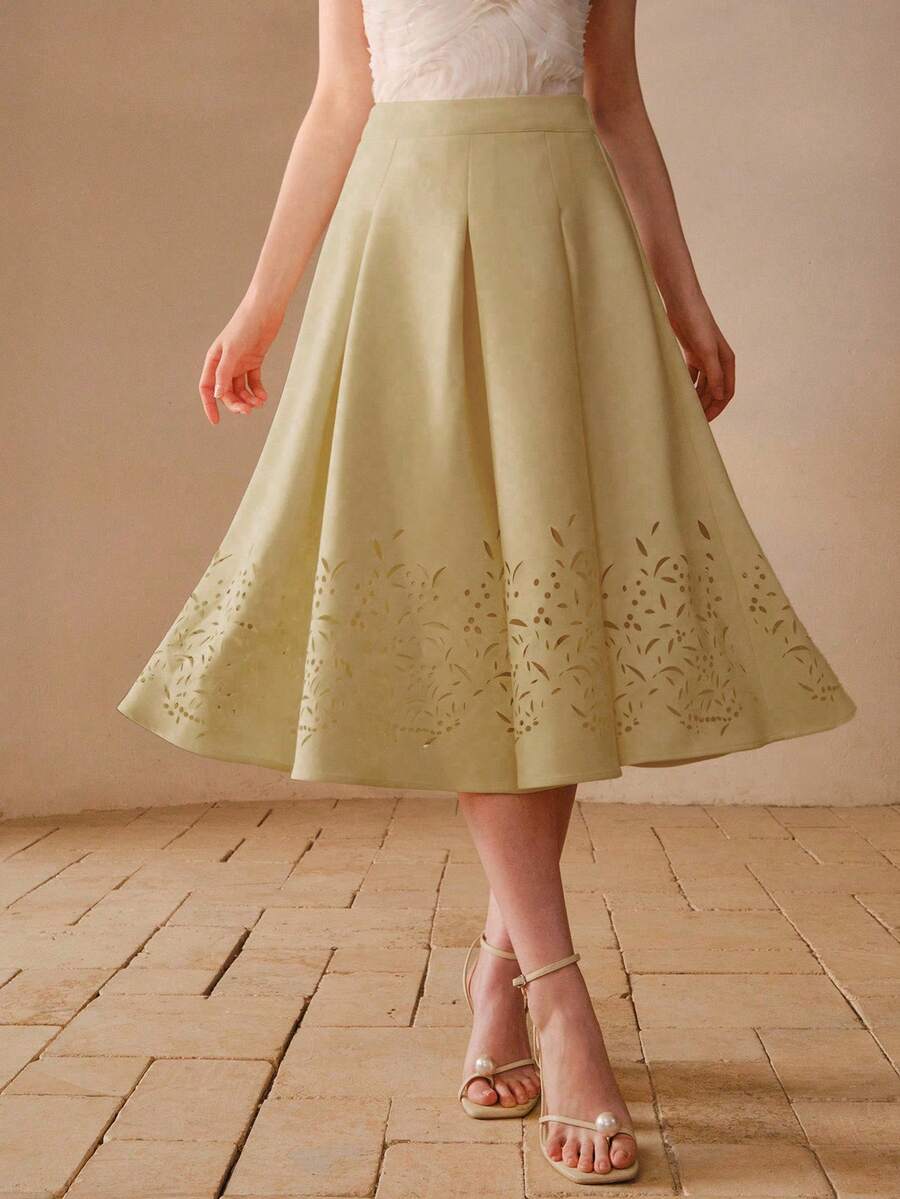 PREMIUM SPRING/SUMMER HOLLOW-OUT EMBROIDERED HIGH-END COMMUTER ELEGANT FLARE SKIRT FOR WOMEN - Khaki - View 1