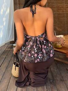 Sunnyshic Delicate Ditsy Floral Halter Neck Frill Trim V-Neck Backless Bow Tie Design Cute Women Tank Top - Multicolor - View 2