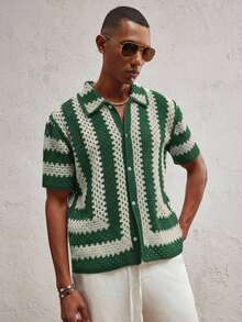 AKNOTIC Party Men's Fitted Turndown Collar Short Sleeve Casual Knit Cardigan, Suitable For Daily Wear - Olive Green - View 7