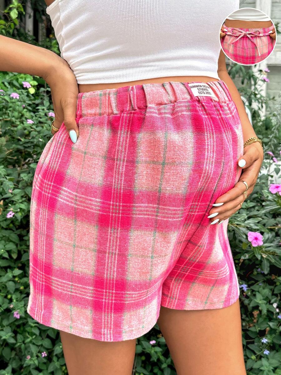 SHEIN 孕妇夏季休闲格子抽绳腰短裤 - 粉色 - 查看 1