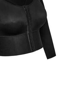 SHAPORA Plus Size Solid Color Front Button Fitted Crew Neck Shaping Top - Black - View 10