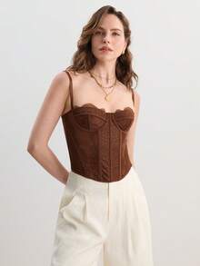 Hourtrue 1pc Lace Bralette Cute Bustier Top, Sexy Women's Clubwear Party Crop Top With Claspfor Summer - Brown - View 4