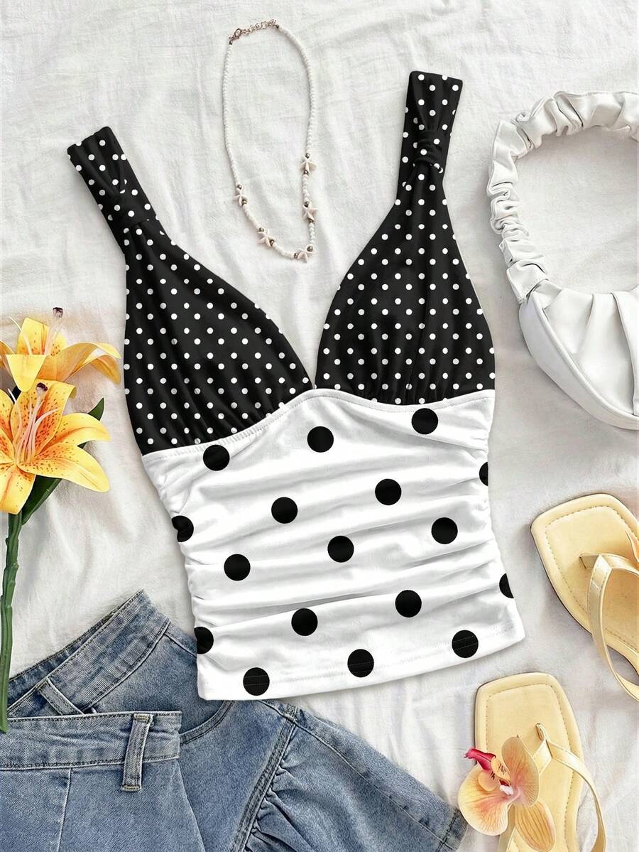 Soleia 女士优雅度假针织面料扭结肩带褶皱修身吊带背心，适合度假、约会、下午茶、海滩、邮轮、城市旅行、海岛度假、音乐节、波西米亚风度假等场合，可内穿或外穿 - 彩色 - 查看 1