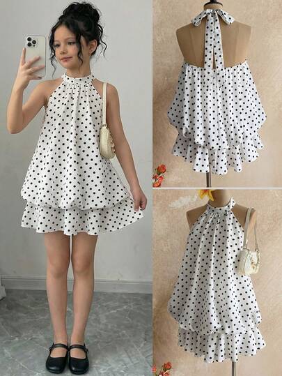 Firerie Kids Đầm yếm chấm bi đen trắng cho bé gái tuổi teen, kiểu công chúa, đa năng cho các dịp trang trọng, kỳ nghỉ, đi chơi thường ngày, phù hợp cho mọi dịp, có thể mặc cùng chị em/gia đình, trang phục dễ thương cho bé gái.
