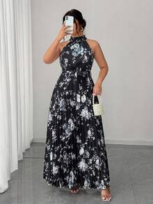 Elenzga Plus Size Women's Elegant Romantic Floral Print Halter Neck Pleated Flowy Waist Maxi Dress - Black - View 5