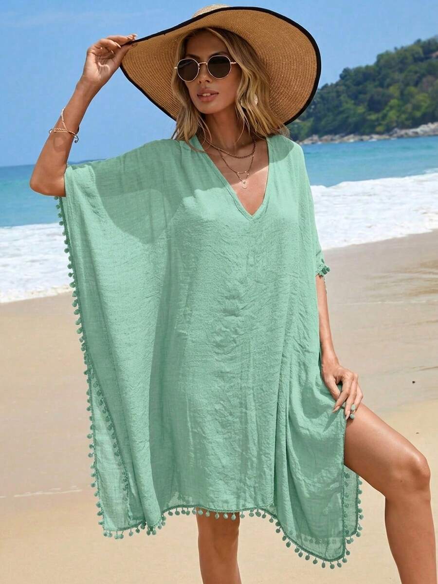 Swim Vcay Women's Deep V-Neck Loose Solid Color Coverup Dress, Suitable For Summer Vacation - Mint Green - View 1