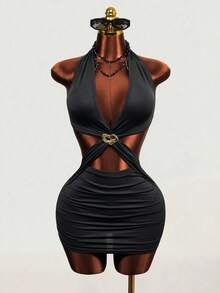 Mistrie 夏季新款音乐节性感镂空露背吊带紧身迷你连衣裙 - 黑色 - 查看 6