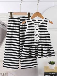 2pcs/Set Young Girl'Striped Single-Breasted Bow Ruffle Hem Camisole Shirt And Pants,Minimalist Outfit For Summer,Back-To-School,School - Black and White - View 3