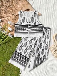 SHEIN 2 Stücke Kleine Mädchen Blümchen V-Ausschnitt Casual Trägerhemd und lange Hose Set - Verschiedenfarbig - Übersicht 4