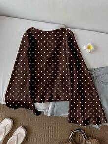SHEIN LUNE Áo kiểu nữ màu nâu chấm bi, thanh lịch, cổ chữ V, tay loe, thắt nút phía trước – Áo phong cách bohemian sang trọng mùa xuân/hè, thích hợp cho công sở, đám cưới trên đảo nhiệt đới, kỷ niệm, tiệc phù dâu. - Nhiều màu - Xem 2