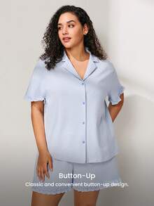 LUVLETTE Summer Plus Size Soft Cotton Ruffle Lace Trim Button-Up Short Blue Women Pajama Set Pants With Pockets - Blue - View 9