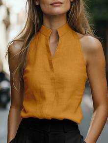 Balvessa Women's Sleeveless Stand Collar Linen-Like Tank Top, Versatile Commuter Slim-Fit Blouse - Mustard Yellow - View 3